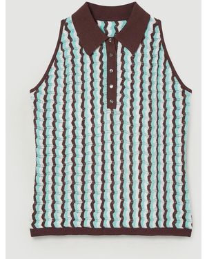 Karen Millen Plus Size Knit Contrast Collar Pointelle Sleeveless Midi Top - Black