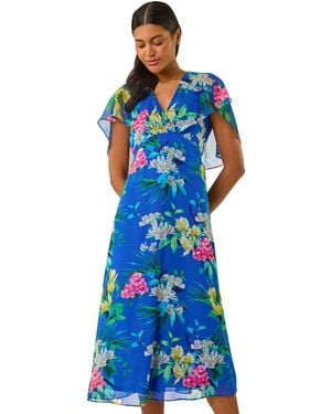 Roman Floral Chiffon Back Cape Dress - Blue