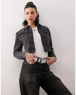 Noisy May Cropped Denim Jacket With Rhinestones - Grey