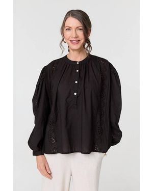 Izabel London Broderie Anglaise Puff Sleeve Blouse Long - Black