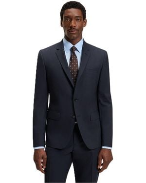 BOSS Solid Patterned Notch Collared Flap Pocket Suit Jacket - Blue