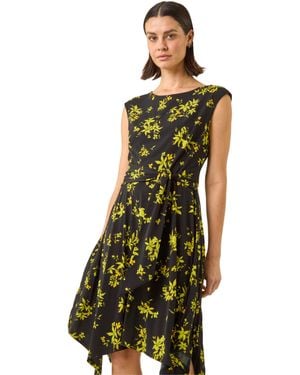 Roman Floral Tie Waist Hanky Hem Dress - Green