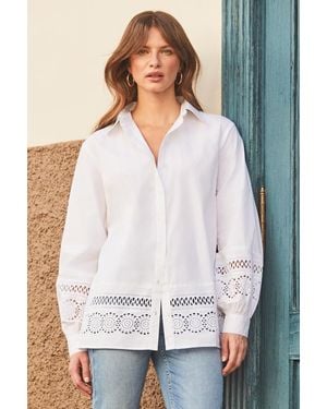 Sosandar Broderie Detail Balloon Sleeve Cotton Shirt - White