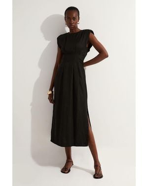 Karen Millen Viscose Linen Woven Pintuck Midi Dress - Black