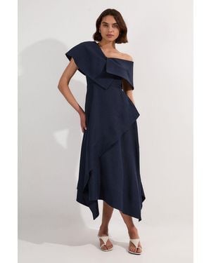 Karen Millen Premium Tailored Linen Asymmetric Shoulder Full Midi Dress - Blue