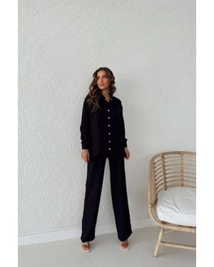 My Fashion Long Sleeve Button-Up Shirt With Collar - Black