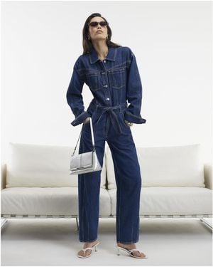 River Island Jumpsuit Utility Belted Barrel Leg Denim Cotton - Blue