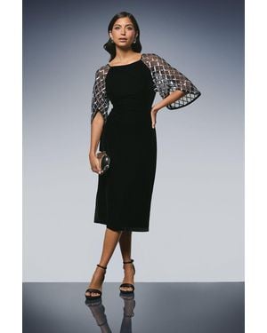 Wallis Sequin Sleeve Square Neck Velvet Midi Dress - Black