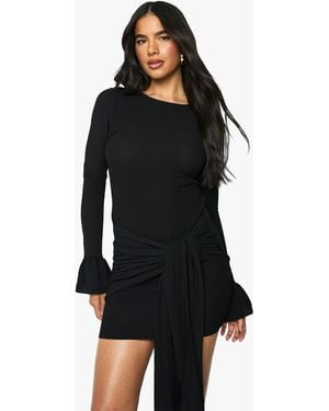 Boohoo Textured Wrap Detail Flared Sleeve Mini Dress - Black