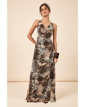 Boohoo Tonal Animal Print Chiffon Cowl Front & Back Maxi Slip Dress - Natural