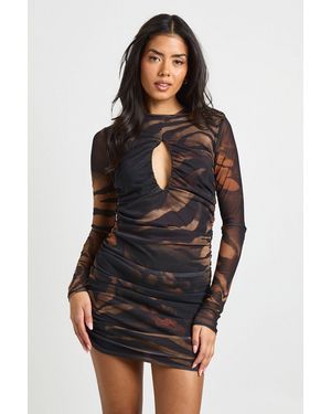 Boohoo Animal Ruched Mesh Keyhole Mini Dress - Black