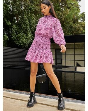 Chi Chi London Long Sleeve High Neck Floral Shirred Detail Midi Dress - Pink