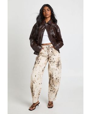Boohoo Mid Waist Snow Leopard Printed Barrel Jean - Natural
