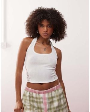 Collusion Halter Rib Top With Lace Inserts - White
