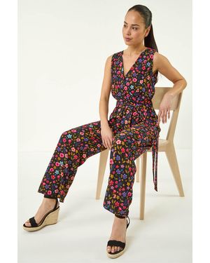 Roman Petite Ditsy Wrap Bodice Jumpsuit - Black
