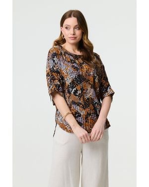 Izabel London Animal Print 3/4 Sleeve Relaxed Top - Black