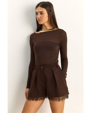 Bianco Lucci High Waist Wide Leg Lace Detail Shorts - Brown