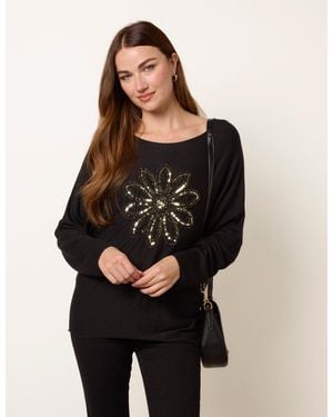 Blue Vanilla Embroidered Sequin Flower Top - Black