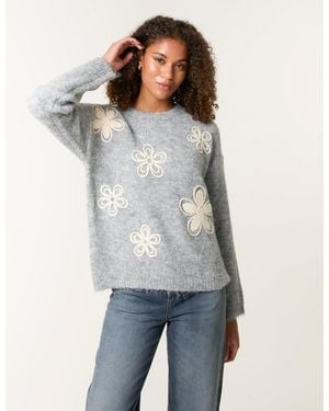 Blue Vanilla Jumper With Embroidered Flowers - Grey