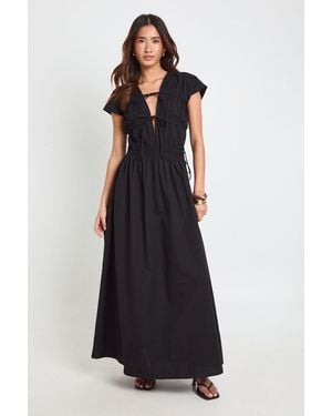 Boohoo Cotton Poplin Shirred Front Tie Maxi Dress - Black