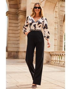 Sosandar Chain Print Satin Two Part Wide Leg Jumpsuit - Natural