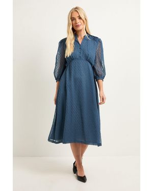 Wallis Petite Dobby Pleat Detail Button Midi Dress - Blue