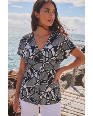 Roman Abstract Print V-Neck Stretch Top - Black