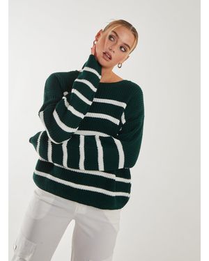 Pink Vanilla Striped Knitted Funnel Neck Jumper - Green