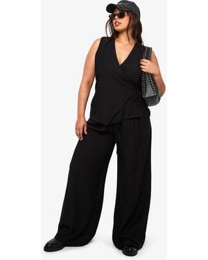 Boohoo Plus Tie Front Top And Wide Leg Trouser - Black