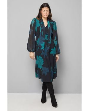 Wallis Floral Pussybow Tie Neck Midi Dress - Blue