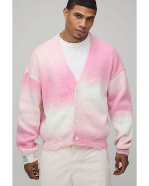 BoohooMAN Relaxed Boxy Ombre Distressed Knitted Cardigan - Pink