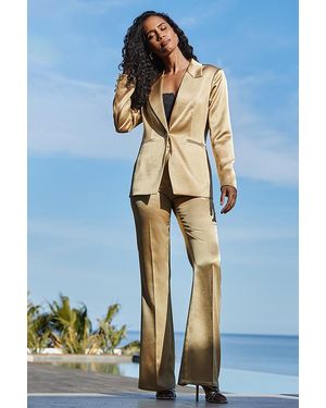 Sosandar Metallic Luxe Kick Flare Trousers Satin - Blue