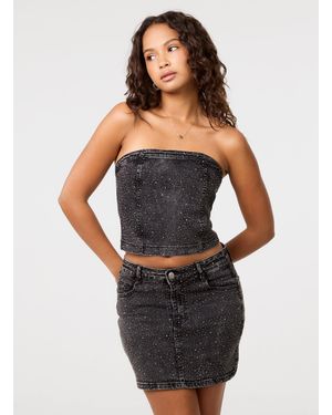 Pink Vanilla Diamante Denim Bandeau Top - Black