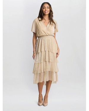 Gina Bacconi Cheri Metallic Knit Tiered Dress - Natural