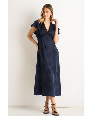 Gini London Floral Satin Jacquard Lace Trim Midi Dress - Blue