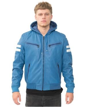 Infinity Leather Hooded Retro Bomber Jacket - Blue