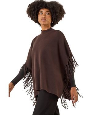 Roman Fringe Hem Knit Poncho - Brown