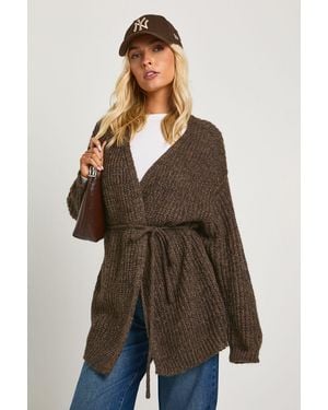 Boohoo Soft Knit Tie Waist Oversized Boyfriend Cardigan - Brown