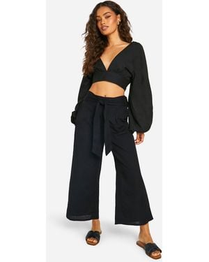 Boohoo Linen Look Balloon Sleeve Crop & Wide Leg Trousers - Blue