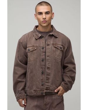 BoohooMAN Regular Fit Washed Denim Jacket - Brown