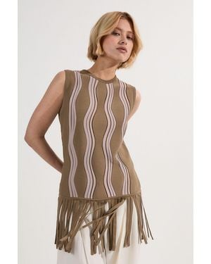 Karen Millen Contrast Wave Knit Top With Fringing - Green