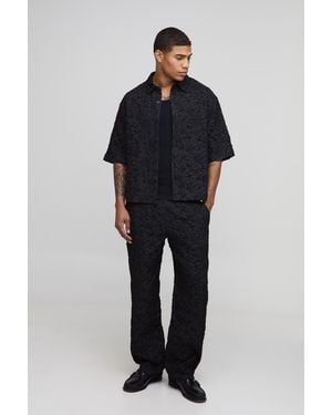 BoohooMAN Puff Textured Floral Half Sleeve Boxy Shirt - Blue