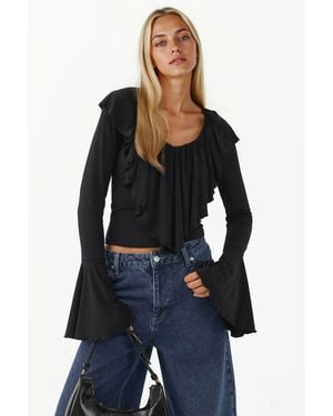 Hiccup Frilly V-Neck Elastic Knitted Blouse - Blue