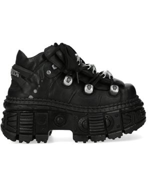 New Rock M-Overz106B-C1 Metallic Chunky Leather Gothic Ankle Boots - Black