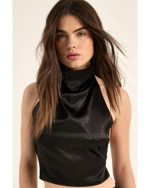 Nasty Gal Satin High Neck Cowl Strappy Buckle Back Crop Top - Black