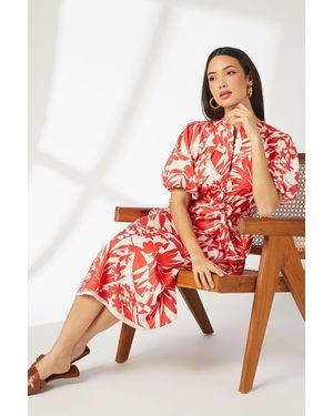 PRINCIPLES Leaf Print Tie Waist Midi Dress - Red