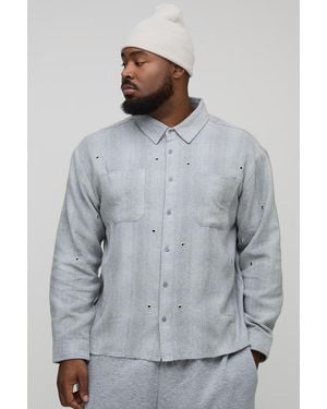 BoohooMAN Plus Oversized Distressed Hardware Detail Flannel Flannel Shirt - Grey