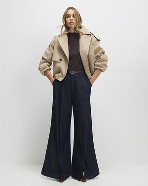 River Island Wide Leg Jeans Belted Split Hem Denim Cotton - Blue