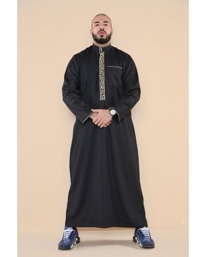 Thobez Thobe Jubba Emirati Islamic Arabic Eid Embroidery Kaftan Jubbah Robe - Black