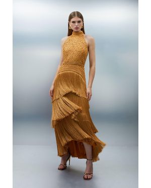Karen Millen Petite Fringed Beaded Halter Neck Woven Maxi Dress - Blue